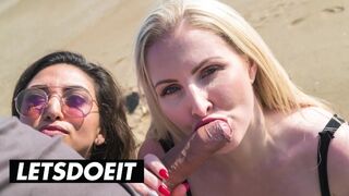 Frida Sante és Georgie Lyall forrón szopogatnak és baszódnak egy orbitális faszon a strandon