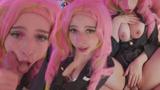 Mitsuri kanroji cosplayben csipázza a fasznak a lyukait és gigantikus arconlövellést kap