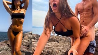 Híres influenszer (jegyes lány) valagba kapja szardínia sziklái mögött